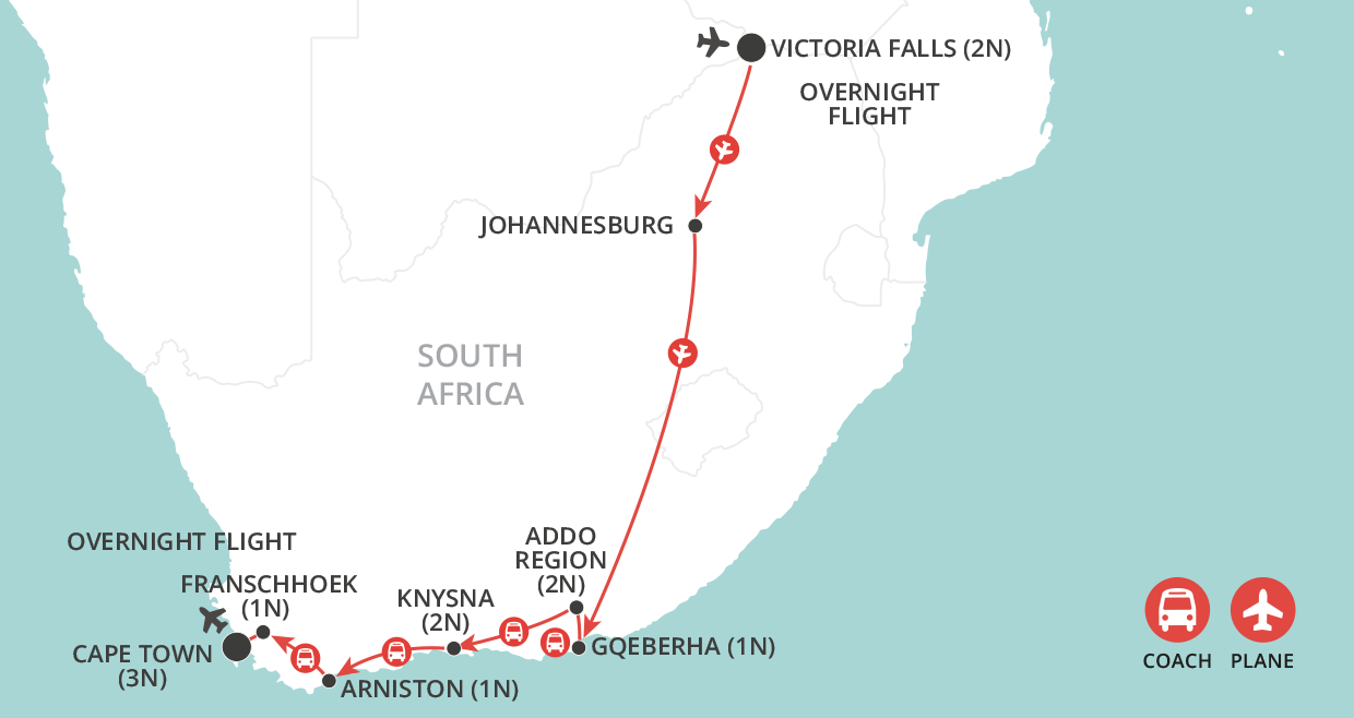 Coastal South Africa & Victoria Falls map